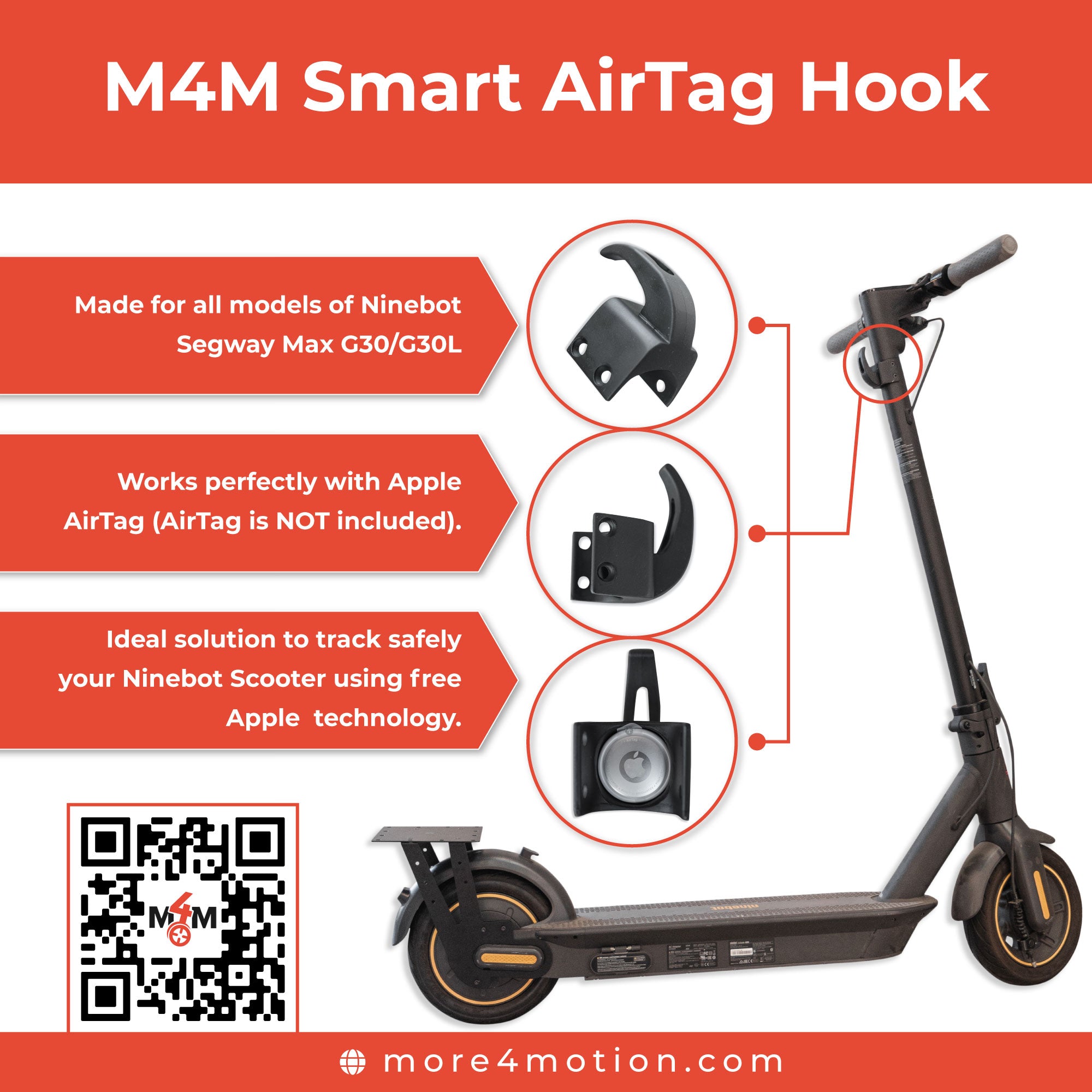M4M Smart AirTag Hook Ninebot Segway Max G30/G30L. Works perfectly wit